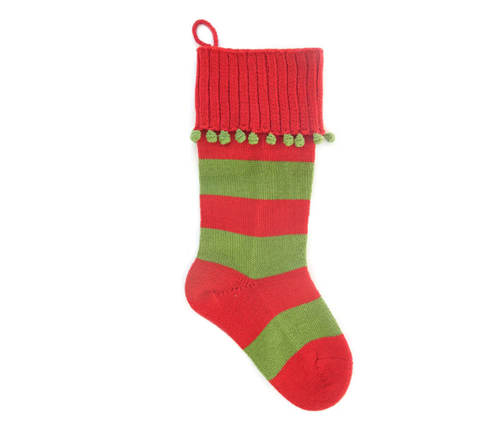 Hand Knit Red & Green Striped Cuff Christmas Stocking with Poms, Fair Trade