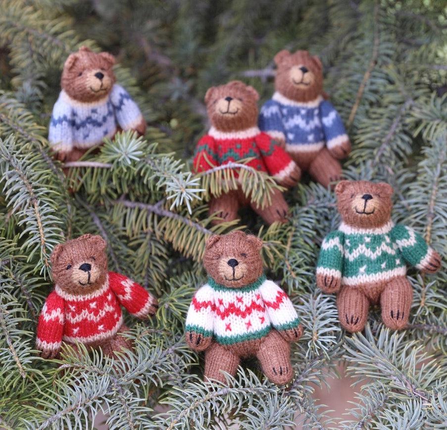 6 Hand Knit Bears in Sweaters Christmas Ornaments, Fair Trade, Peru