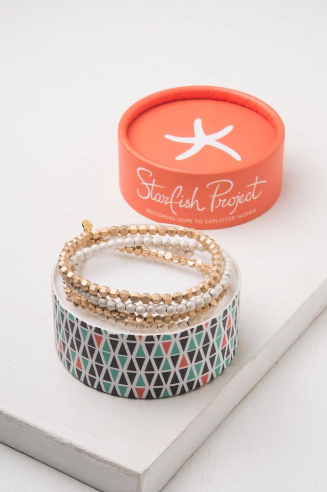 Gold & White Bead Bracelet Set- Give Freedom To Women!