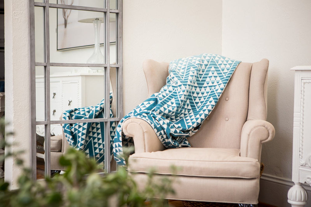 Turquoise & White Diamond Patterned Organic cotton Throw Blanket- Supports Domestic Violence Shelters