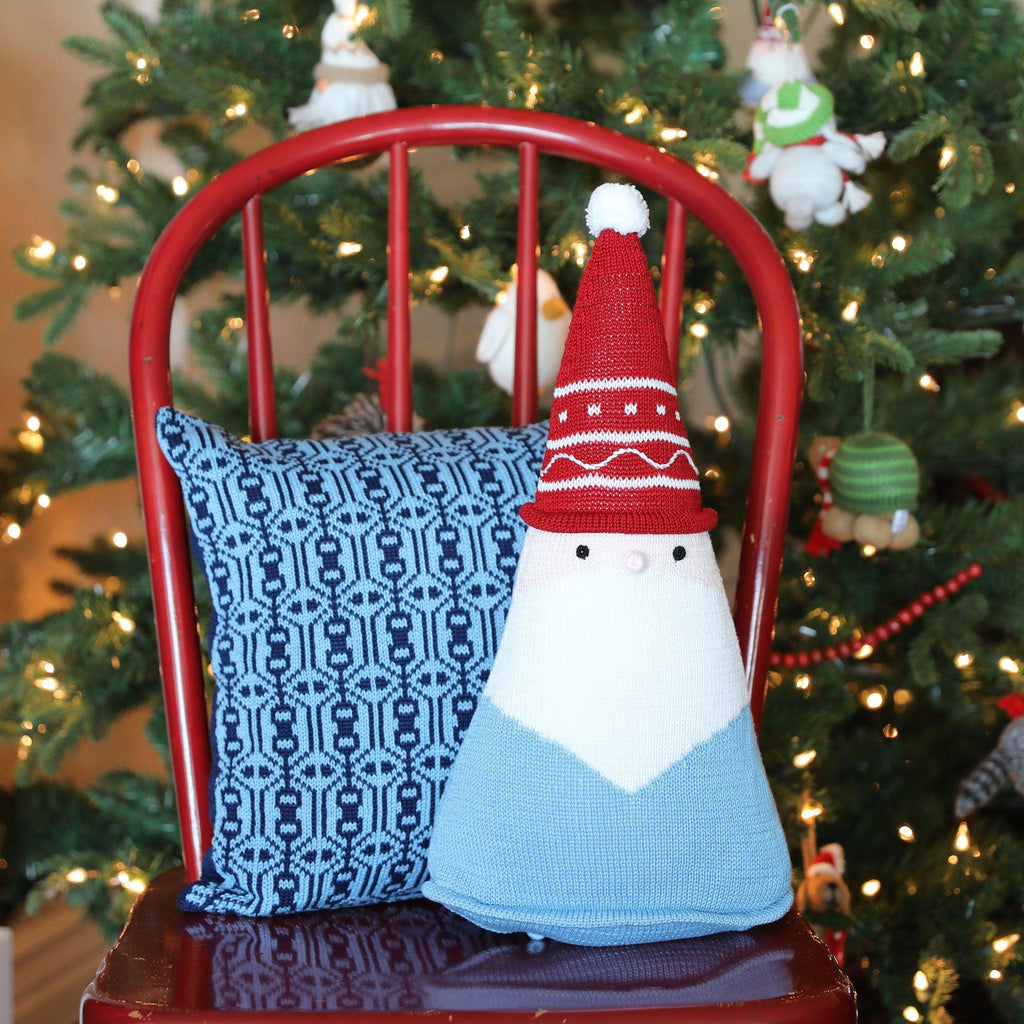Hand Knit Blue Santa Christmas Pillow- Fair Trade