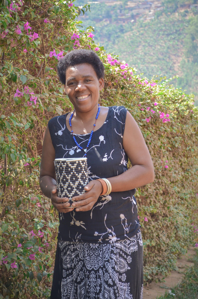 Handwoven 12" Large Black + White Round Bowl Basket- Fair Trade, Rwanda