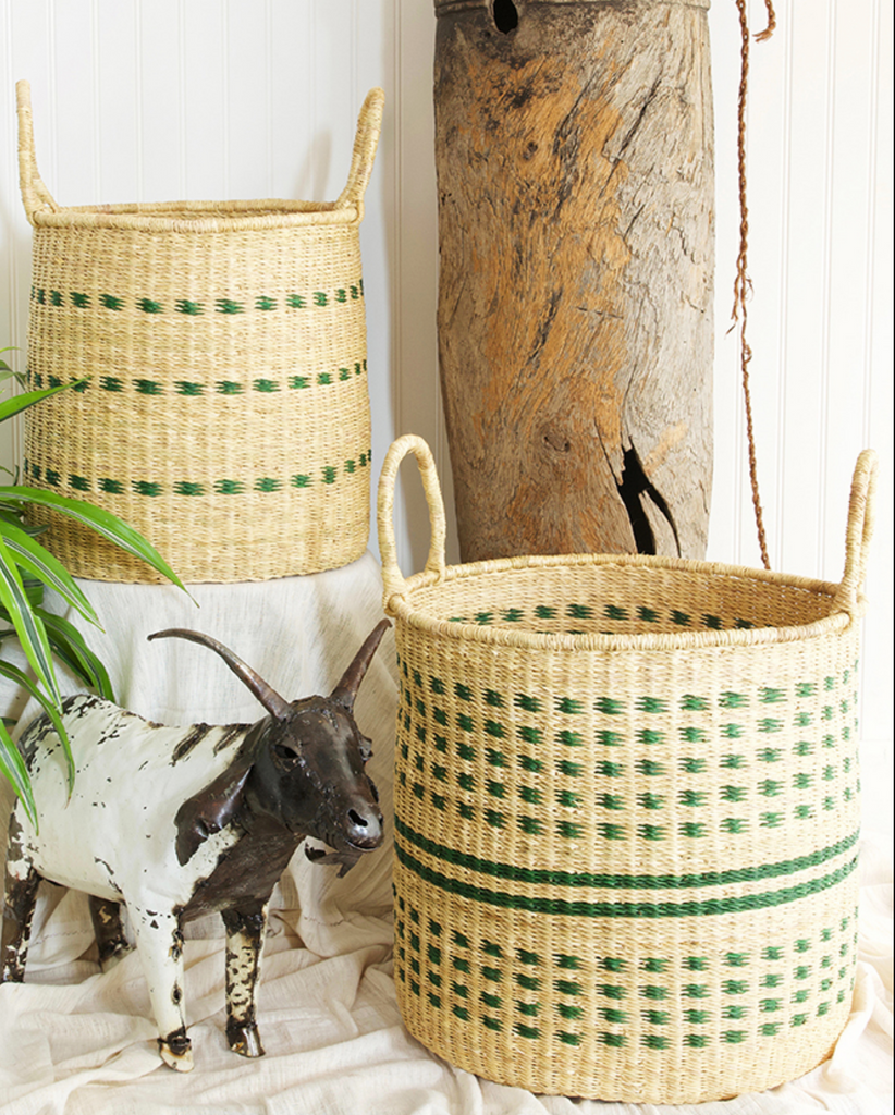 Set of 2 Handwoven Storage Baskets with Handles, Elephant Grass , Fair Trade & Eco-Friendly