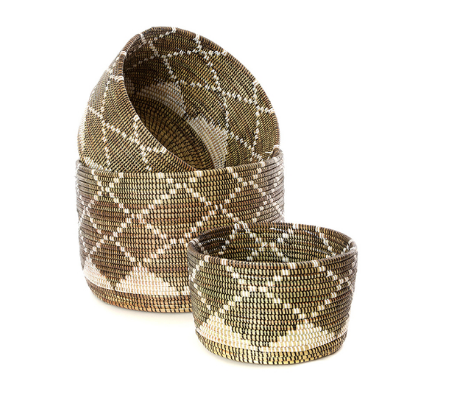 Set of Three Handwoven Cattail Diamond Nesting Baskets, Fair Trade
