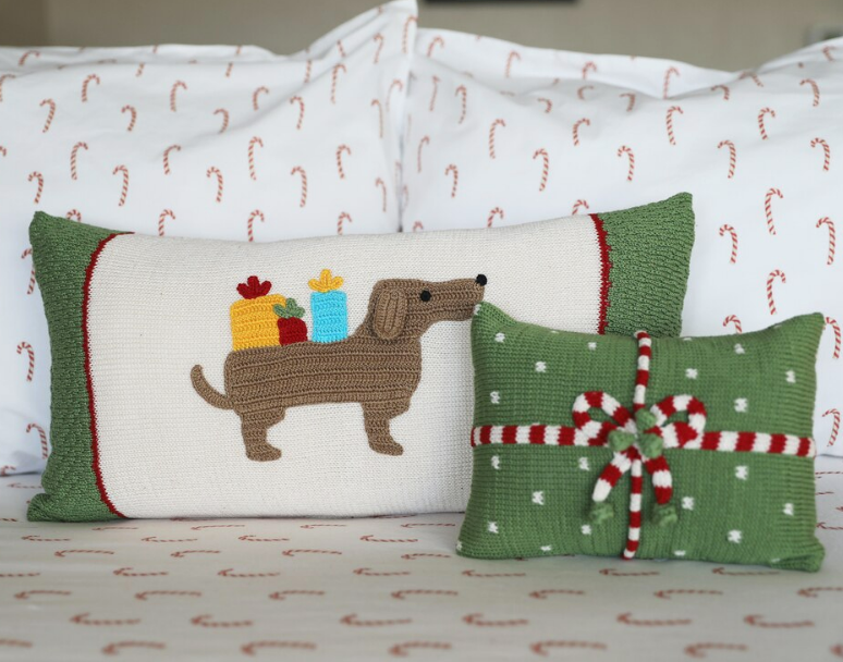 10x20 Hand Knit Dachshund Lumbar Christmas Pillow, Fair Trade
