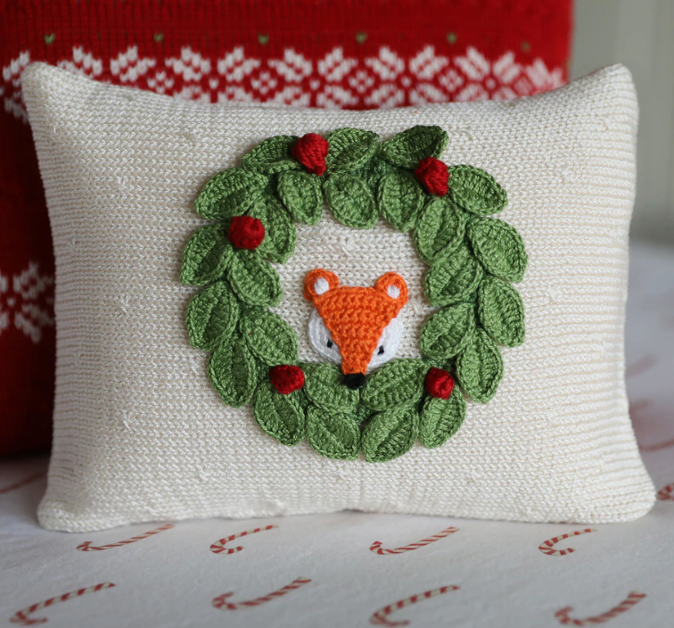 Hand Knit Fox & Wreath Christmas Pillow, Fair Trade