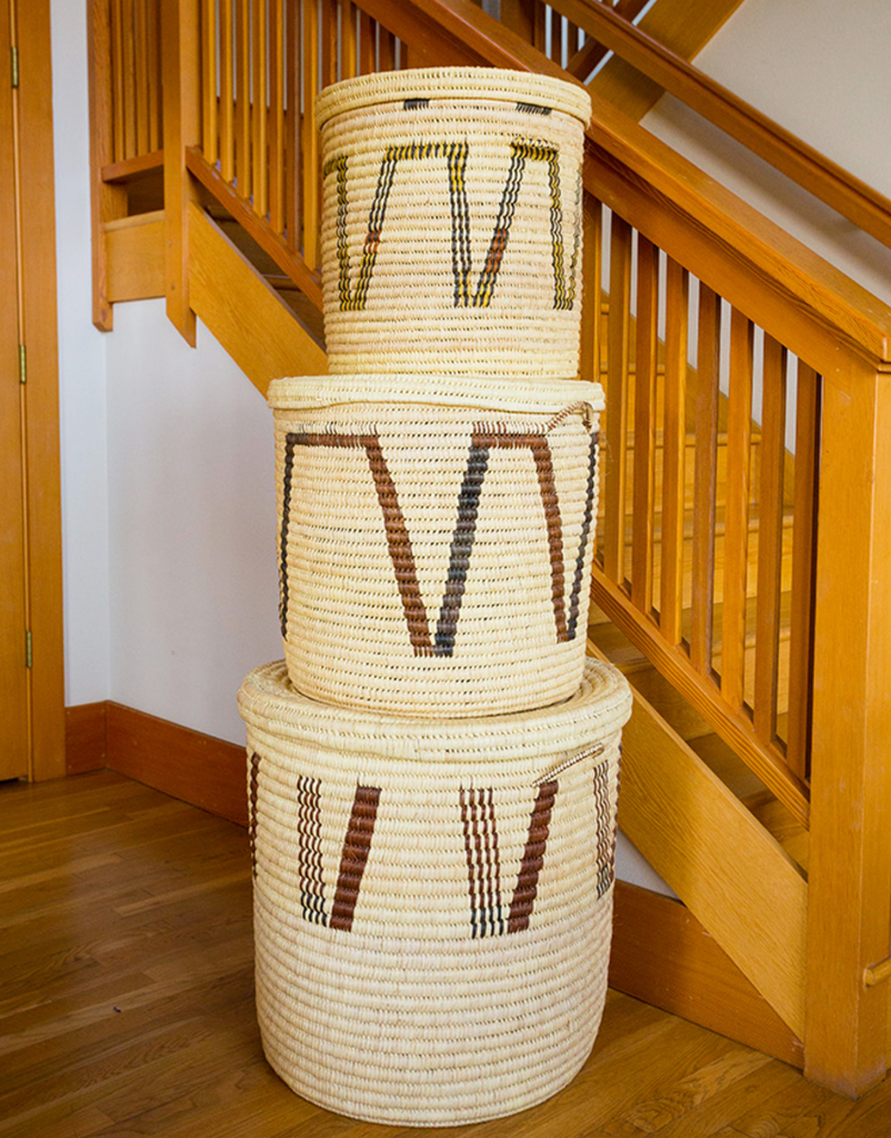 Set of 3 Handwoven Natural With Arrow Design Hamper Storage Baskets, Fair Trade