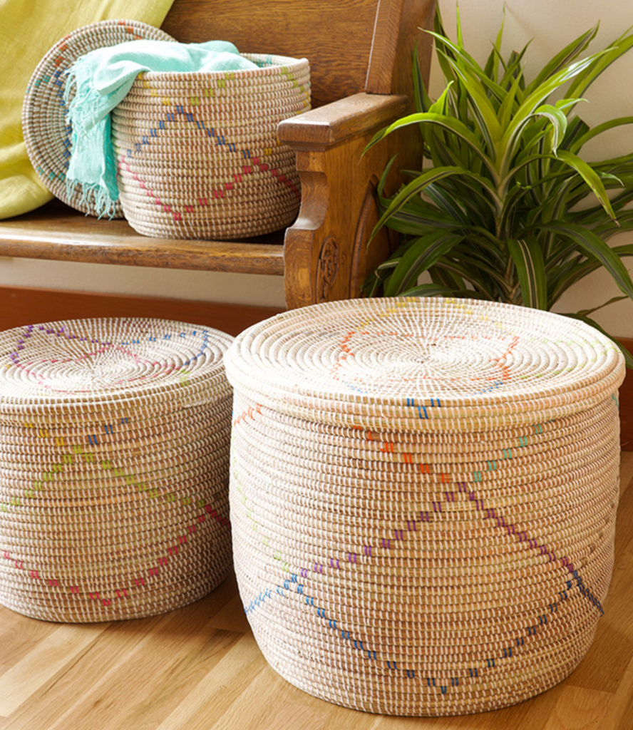 Set of Three Handwoven White Storage Baskets with Rainbow Diamonds, Fair Trade