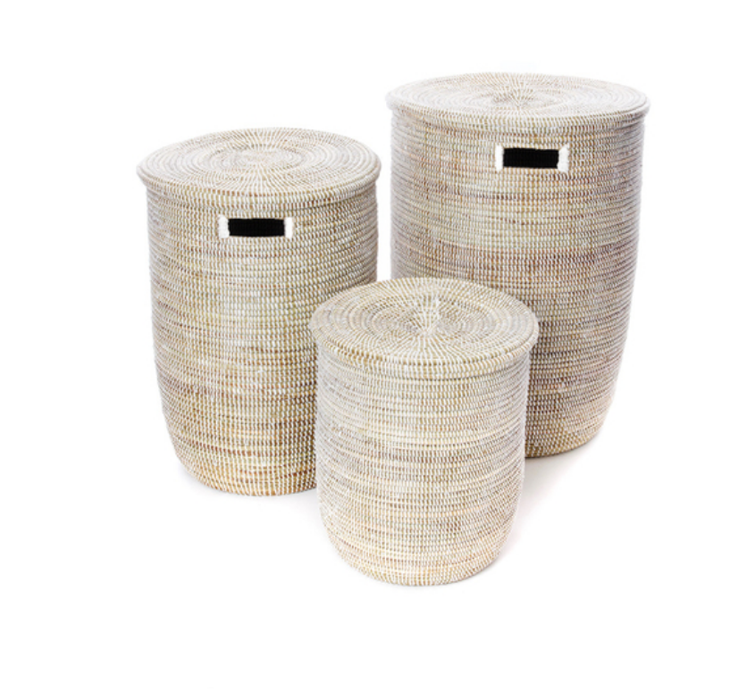 Set of Three Handwoven White Hamper Baskets, Fair Trade