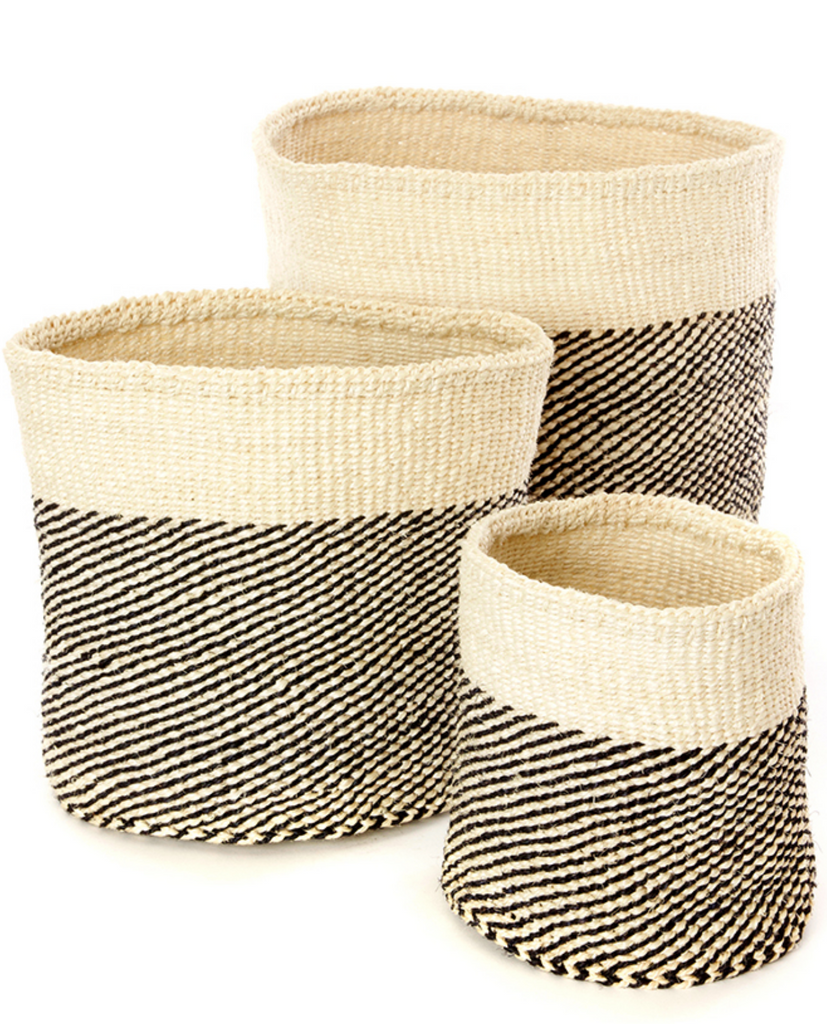 Three Handwoven Black & Cream Sisal Nesting Baskets, Kenya, Fair Trade
