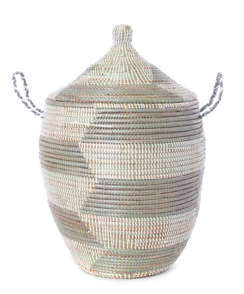 Large Silver & White Handwoven Hamper Storage Basket, Fair Trade, Eco-Friendly