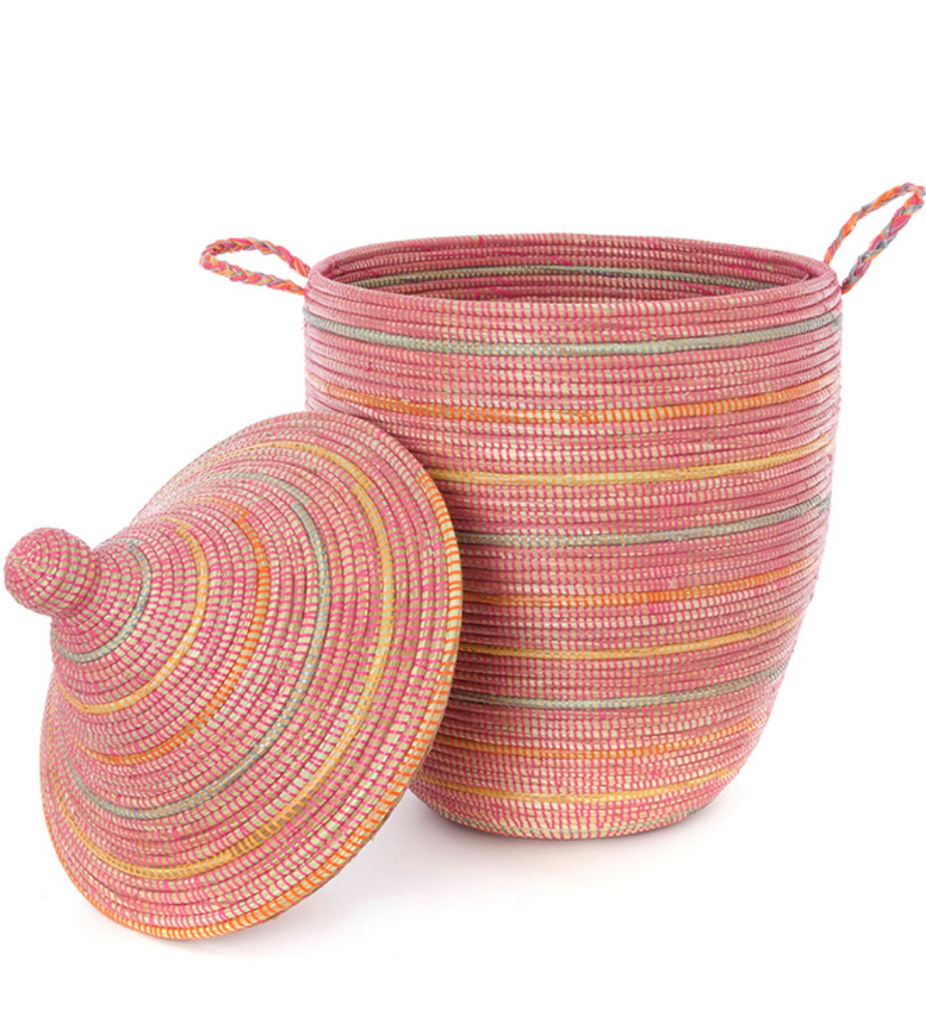 Large Handcrafted Pink & Orange Striped Hamper Decorative Storage Basket - Fair Trade, Eco-Friendly