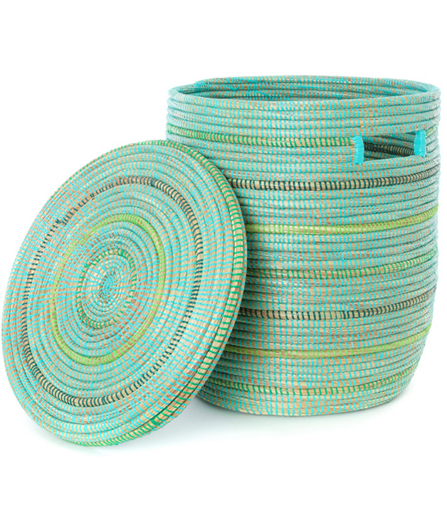Aqua Green Striped Handwoven Hamper Laundry Storage Basket, Fair Trade