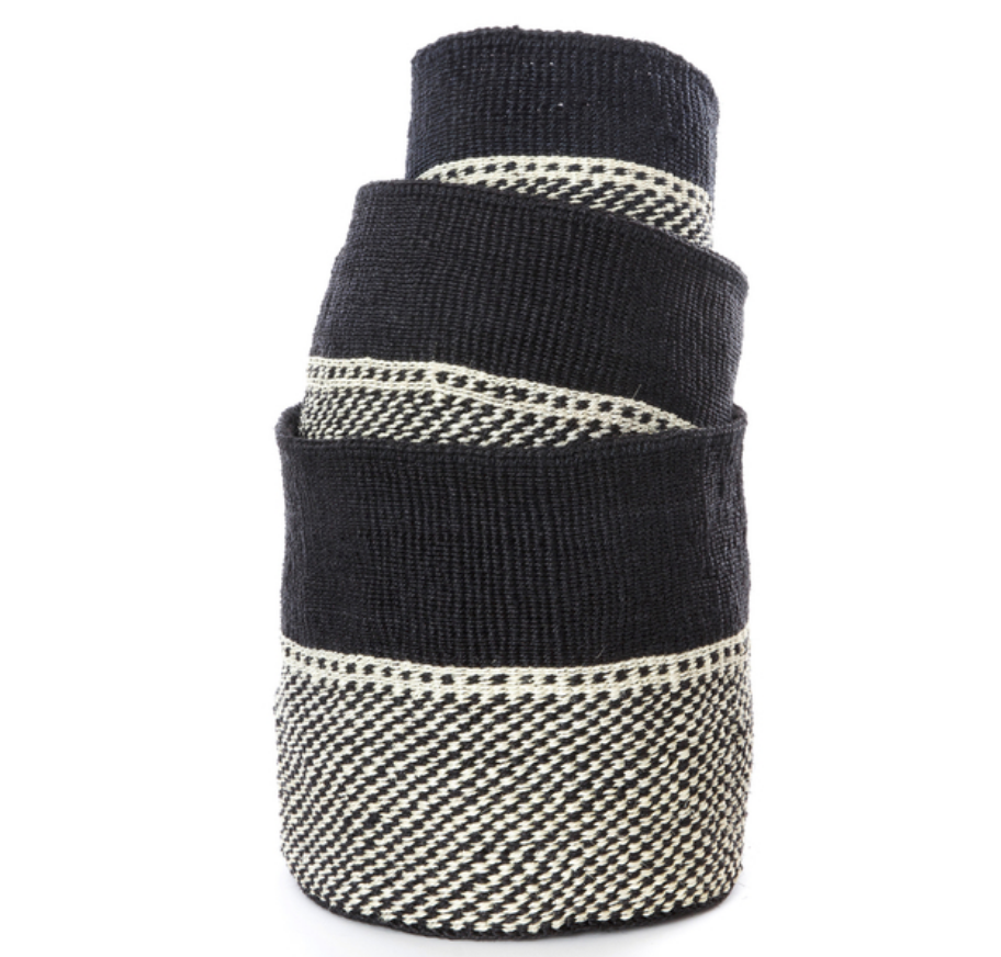 3 Handwoven Black & Cream Checkered Sisal Nesting Baskets, Kenya, Fair Trade