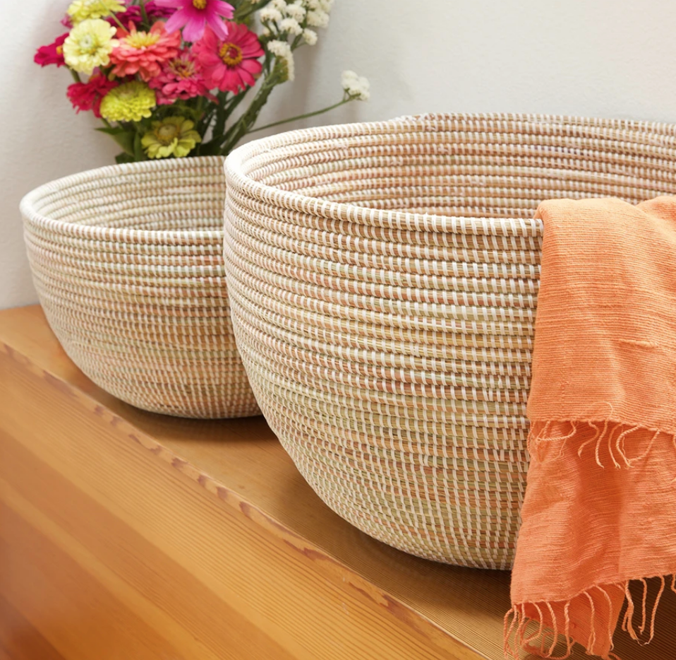 Set of Two Handwoven Deep White Nesting Baskets, Fair Trade