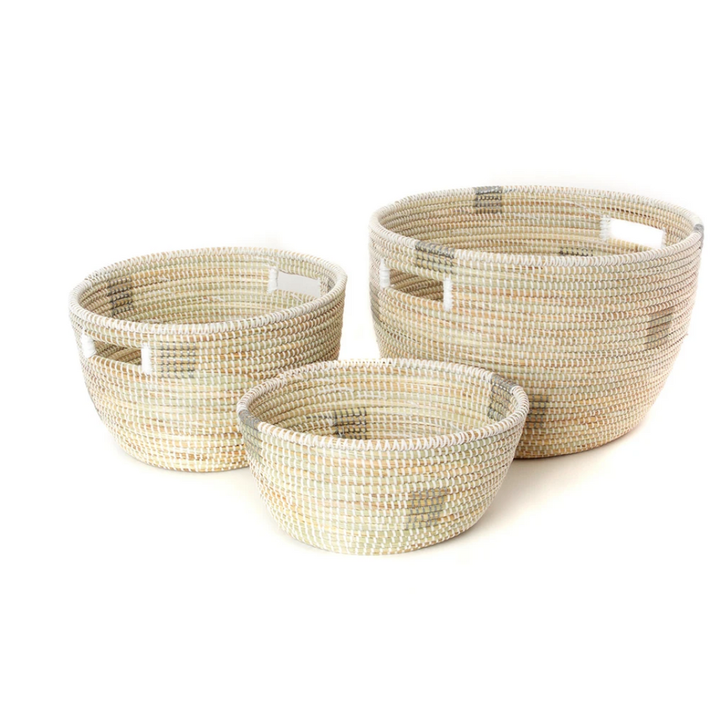 Set of 3 Handmade Nesting Sewing Baskets, Natural with  Blocks, Fair Trade, Eco-Friendly