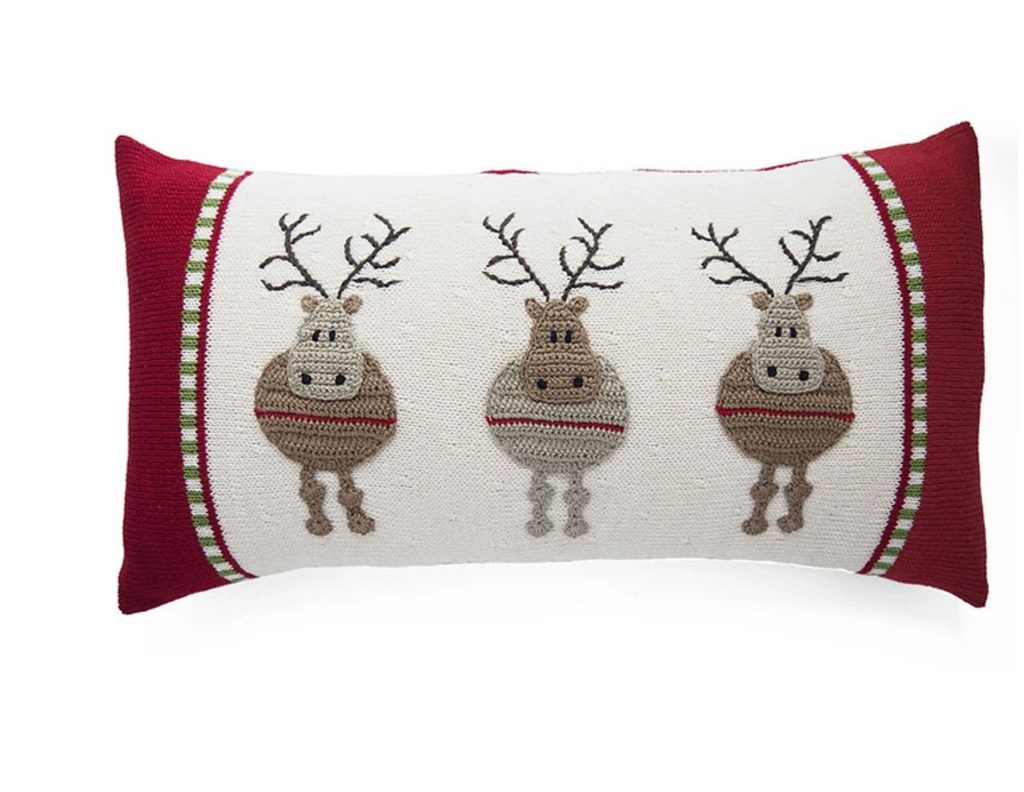 10x20 Hand Knit Reindeer Lumbar Christmas Pillow, Fair Trade