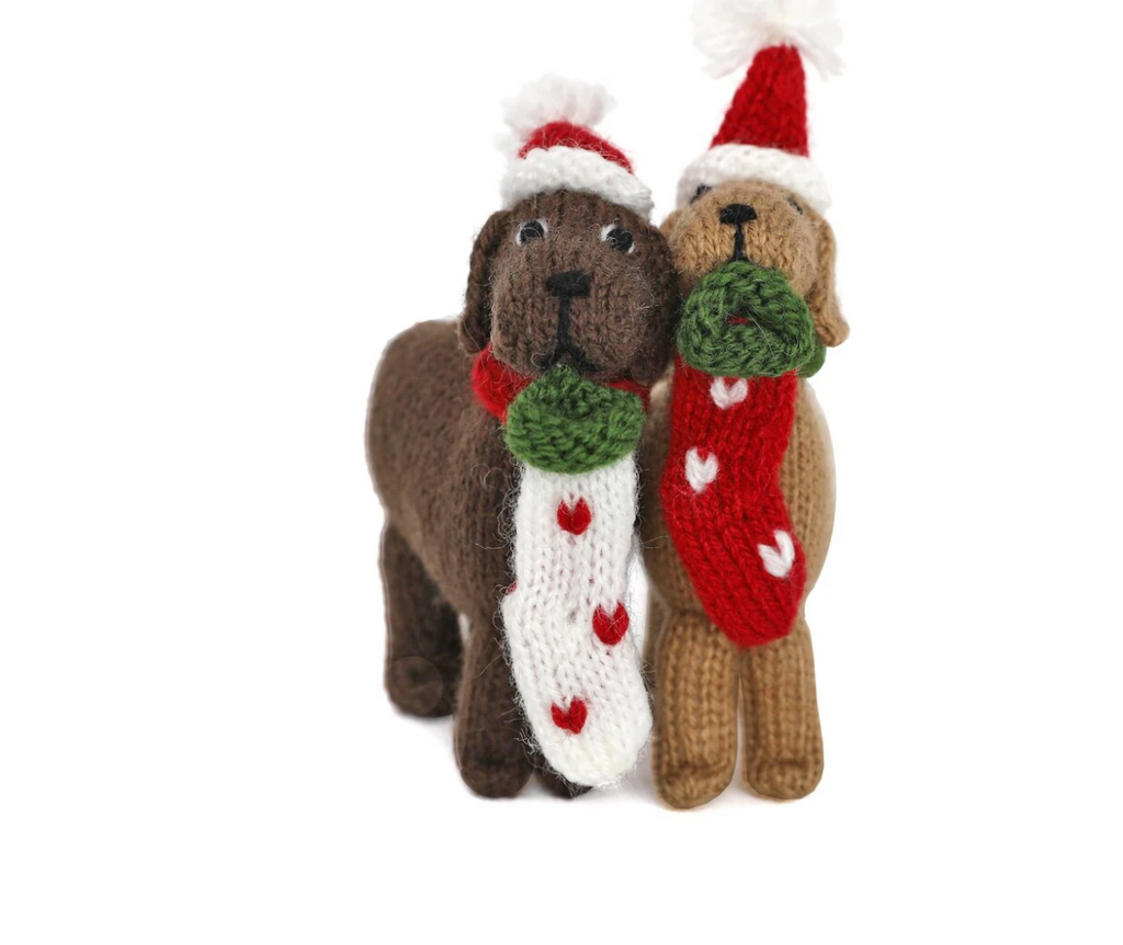 2 Hand Knit Dog & Stocking Christmas Tree Ornaments, Fair Trade, Peru