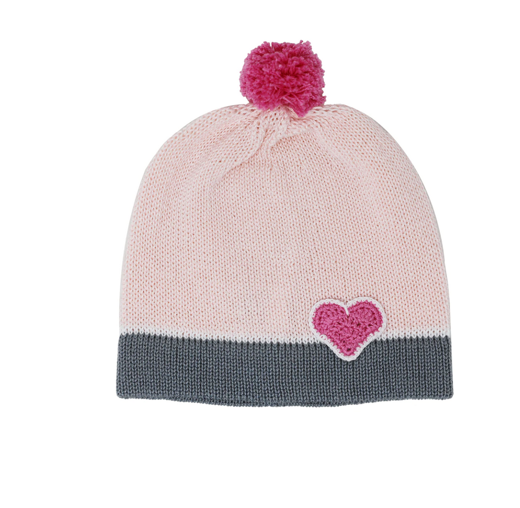 Handknit pink cotton baby hat beanie with a Heart & pom, Fair Trade