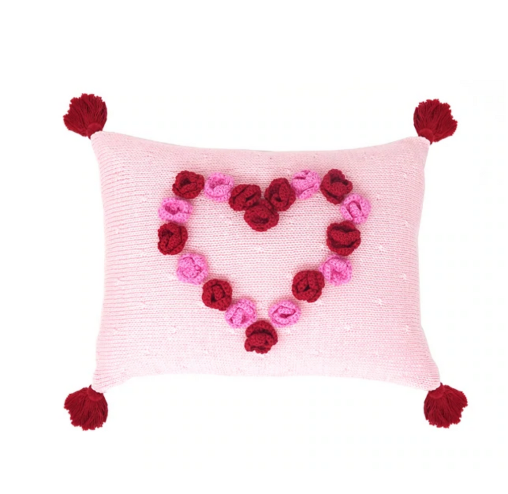 18" x 11" Handknit Pink Heart Valentine Pillow with poms, Fair Trade