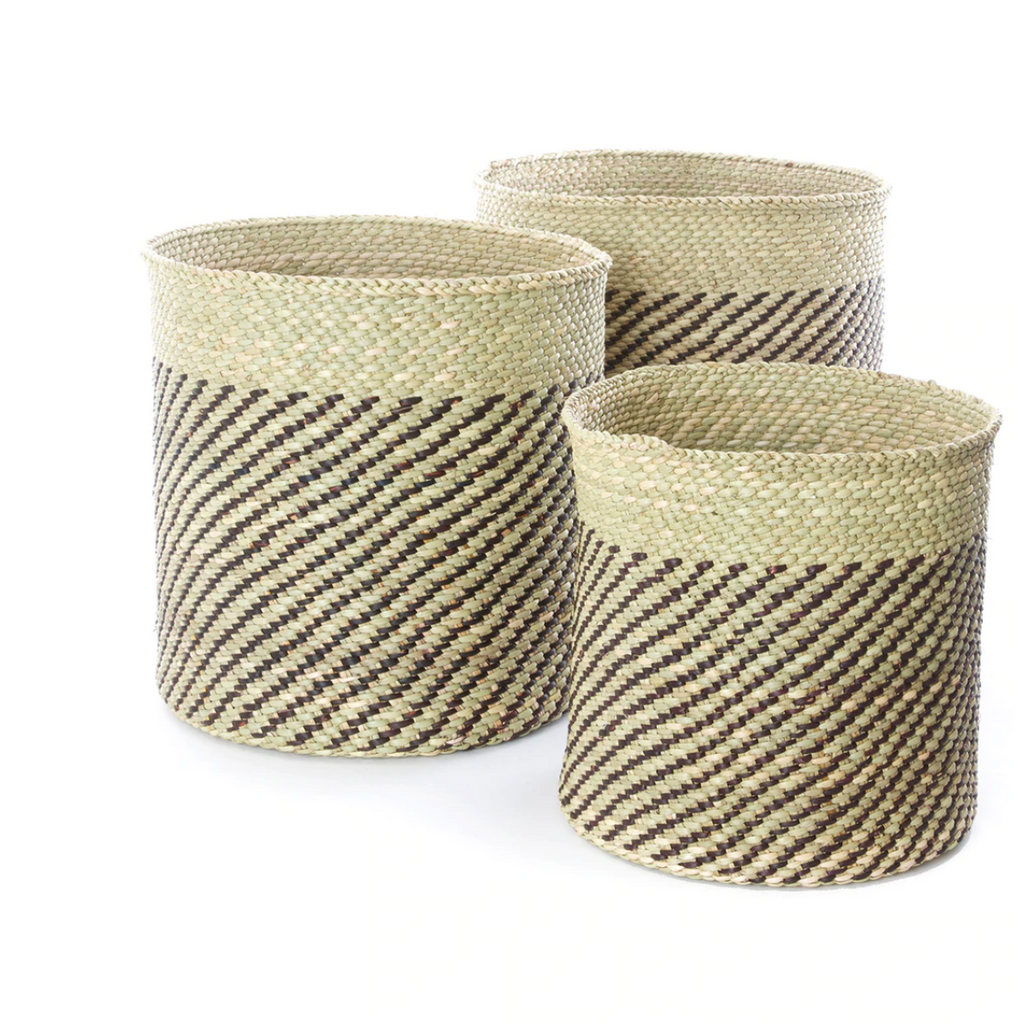 Handwoven Natural Grass Storage Baskets, Black Diagonal Accents, Fair Trade- Tanzania
