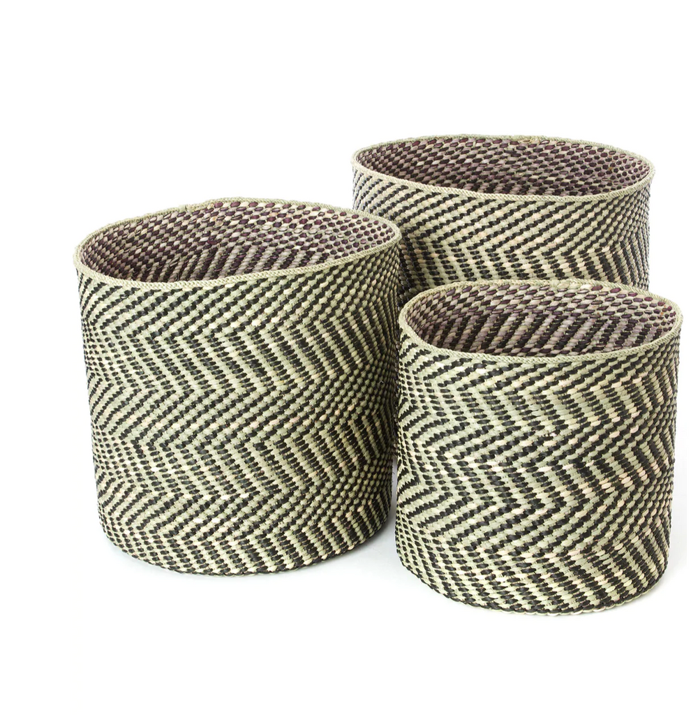 Handwoven Grass Reed Storage Baskets, Black Diagonal, Fair Trade, Tanzania