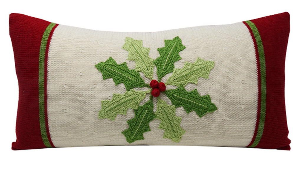 Hand Knit Christmas Lumbar Pillow, With Green Holly, Armenia- Fair Trade