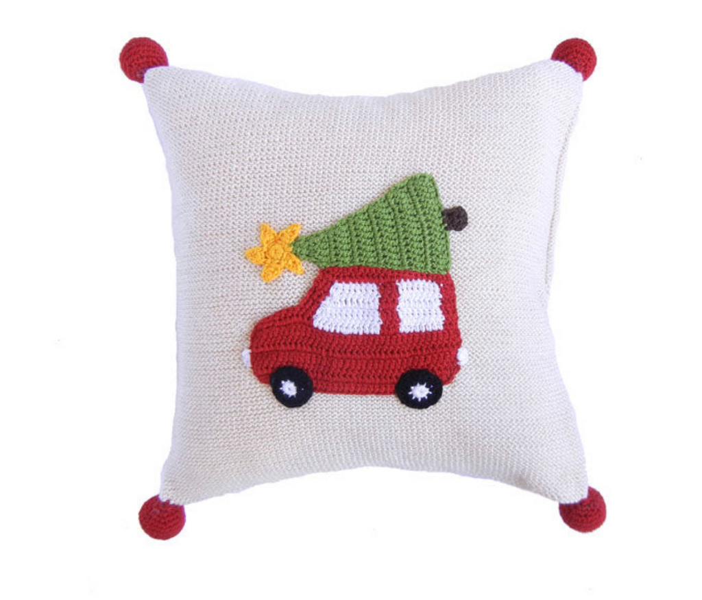 Hand Knit Christmas Pillow- Red Car with Christmas Tree, Armenia- Fair Trade