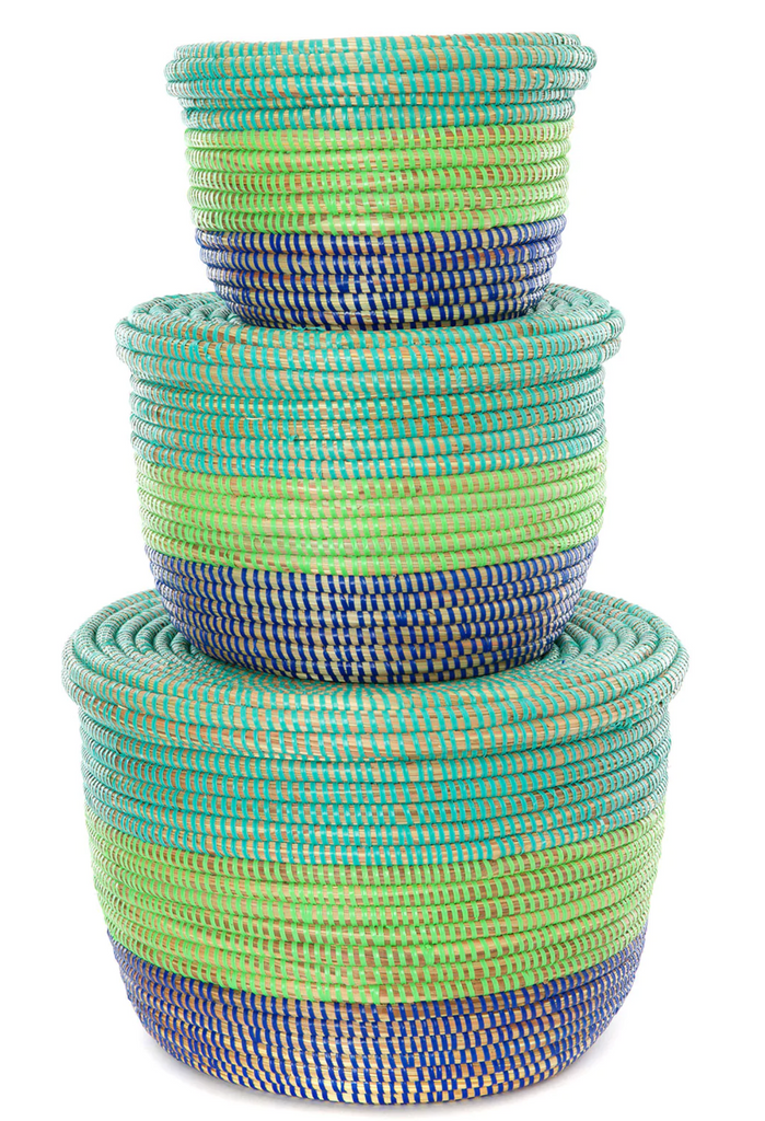 Set of 3 Handwoven Blue & Green Nesting Storage Baskets, Fair Trade