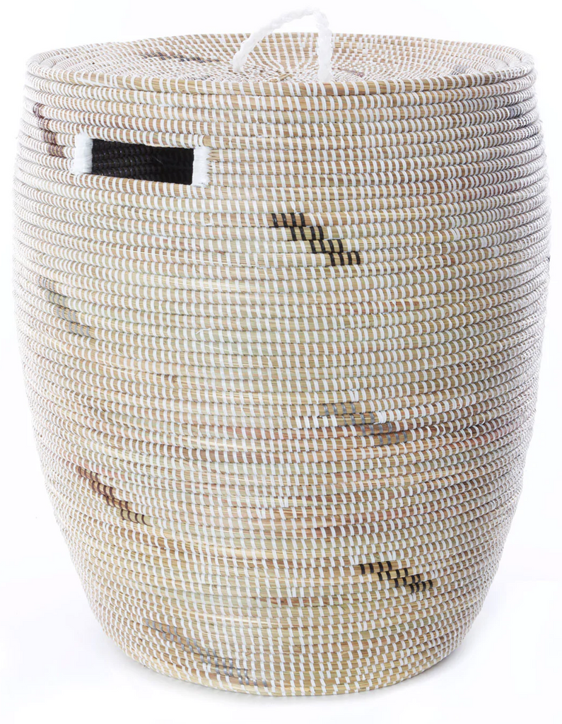 Handwoven Hamper Storage Basket, White with Silver dashes, Senegal, Fair Trade