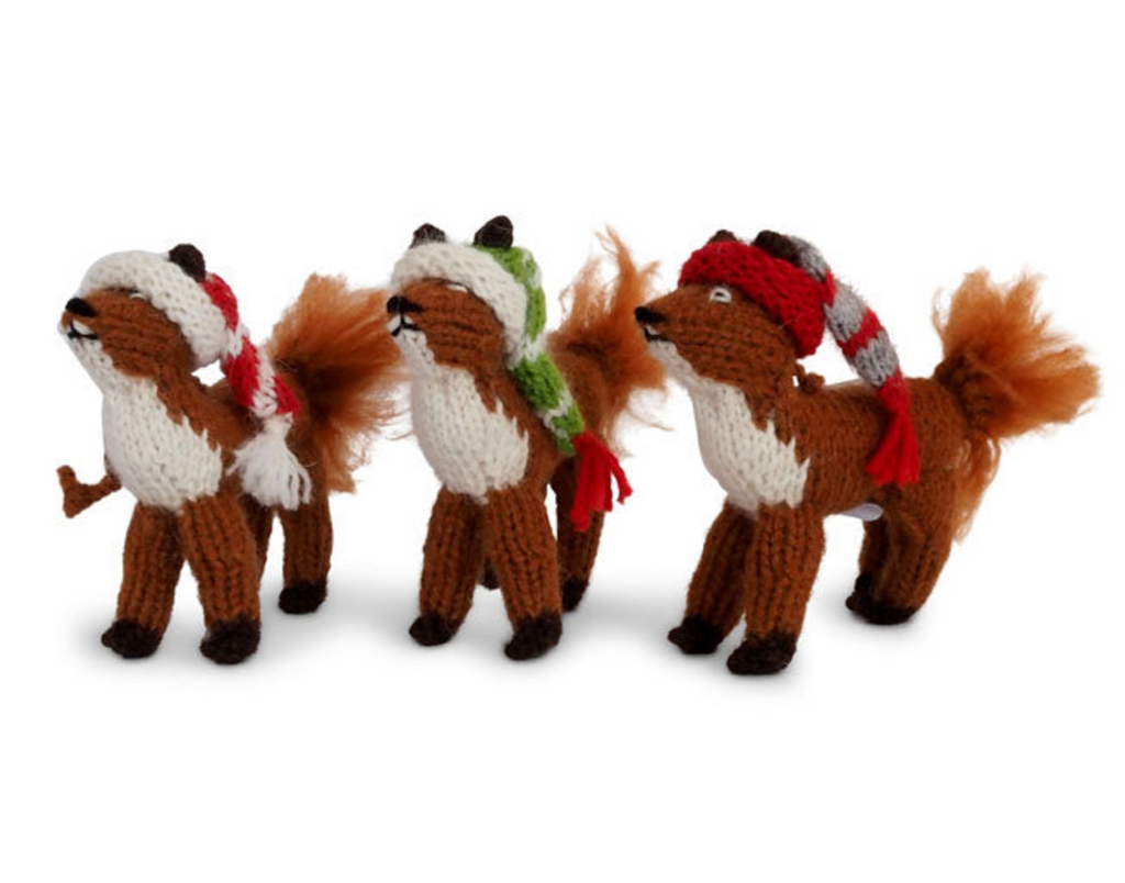 Set of 6 Hand Knit Fox Ornaments with hats, Fair Trade
