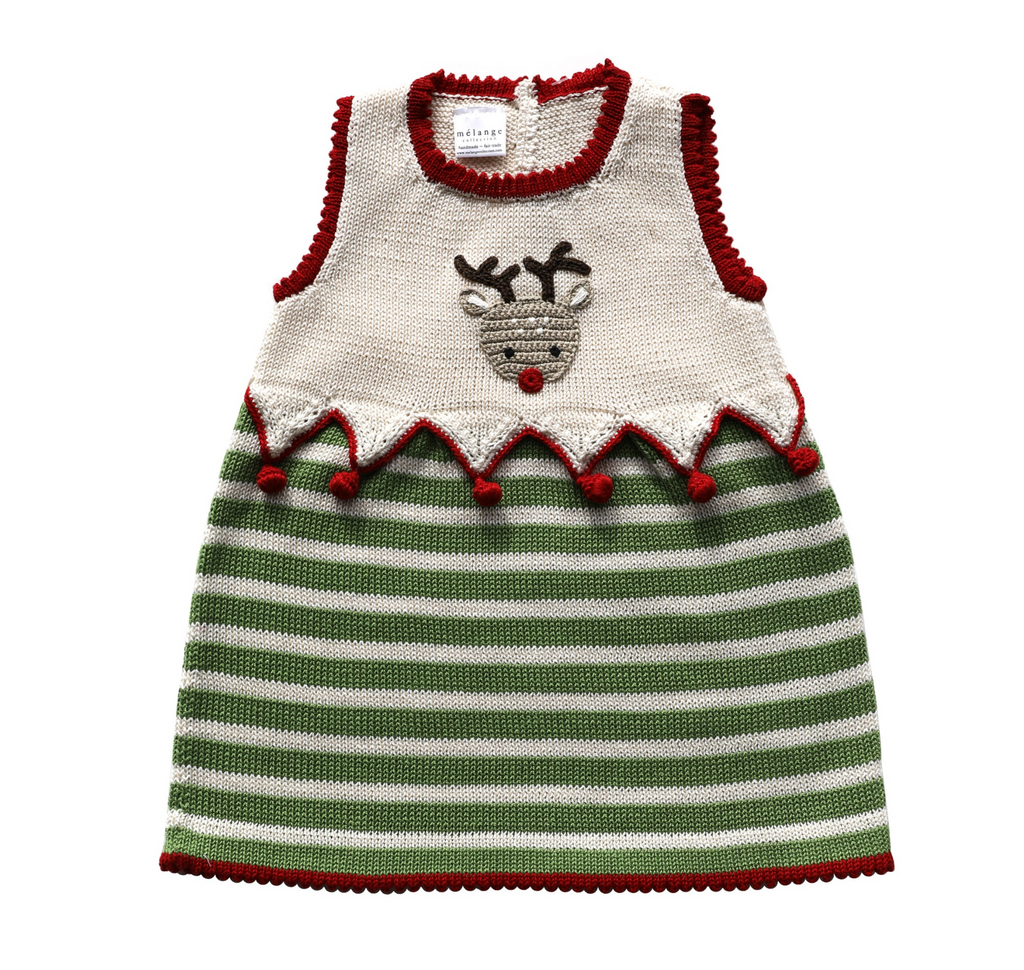 Hand Knit Baby Christmas Dress with Reindeer, Fair Trade, Armenia