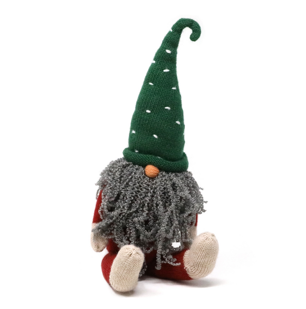 Hand Knit Sitting Christmas Gnome, 15" with Grey Beard, Fair Trade, Peru