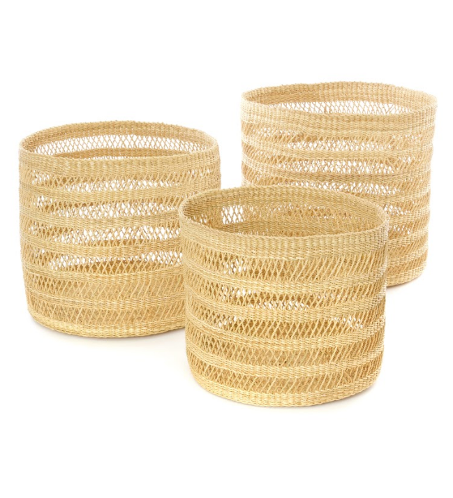 3 Lace Basket Bins, Handwoven Elephant Grass, Fair Trade- Ghana, Eco-Friendly