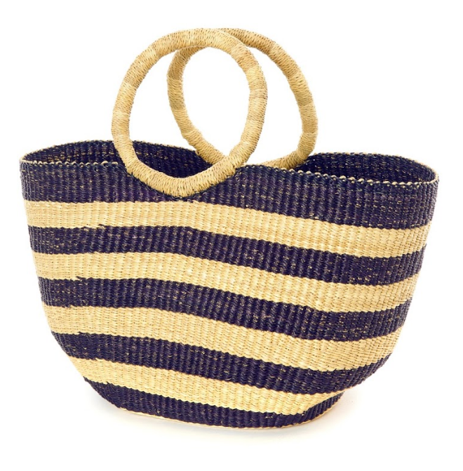 Handwoven Navy Blue Striped Tote Basket Bag, Fair Trade & Eco-Friendly
