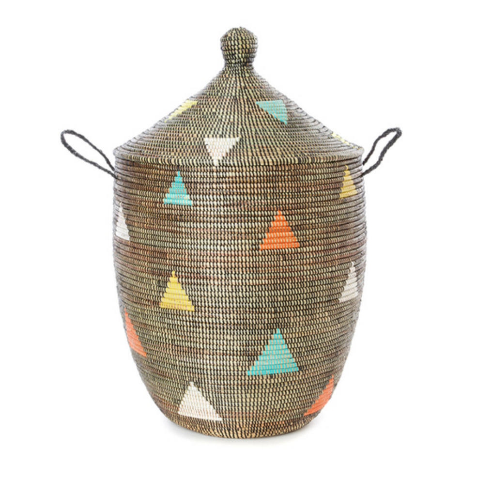 Large Hand Woven Cattail Storage Basket with Triangles, Fair Trade & Eco-Friendly
