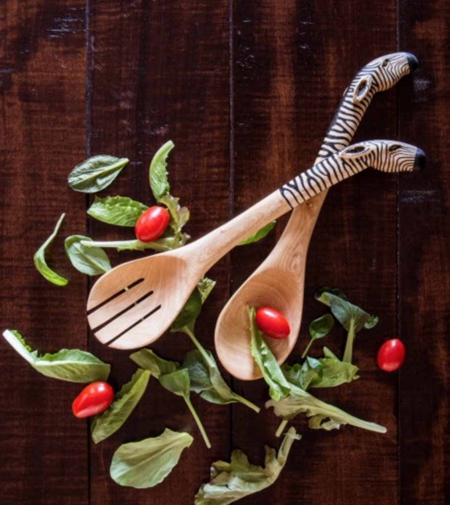 Hand Carved Wooden Zebra Salad Servers- Fair Trade - 10% goes to help animal conservation in Africa! - Give Back Goods