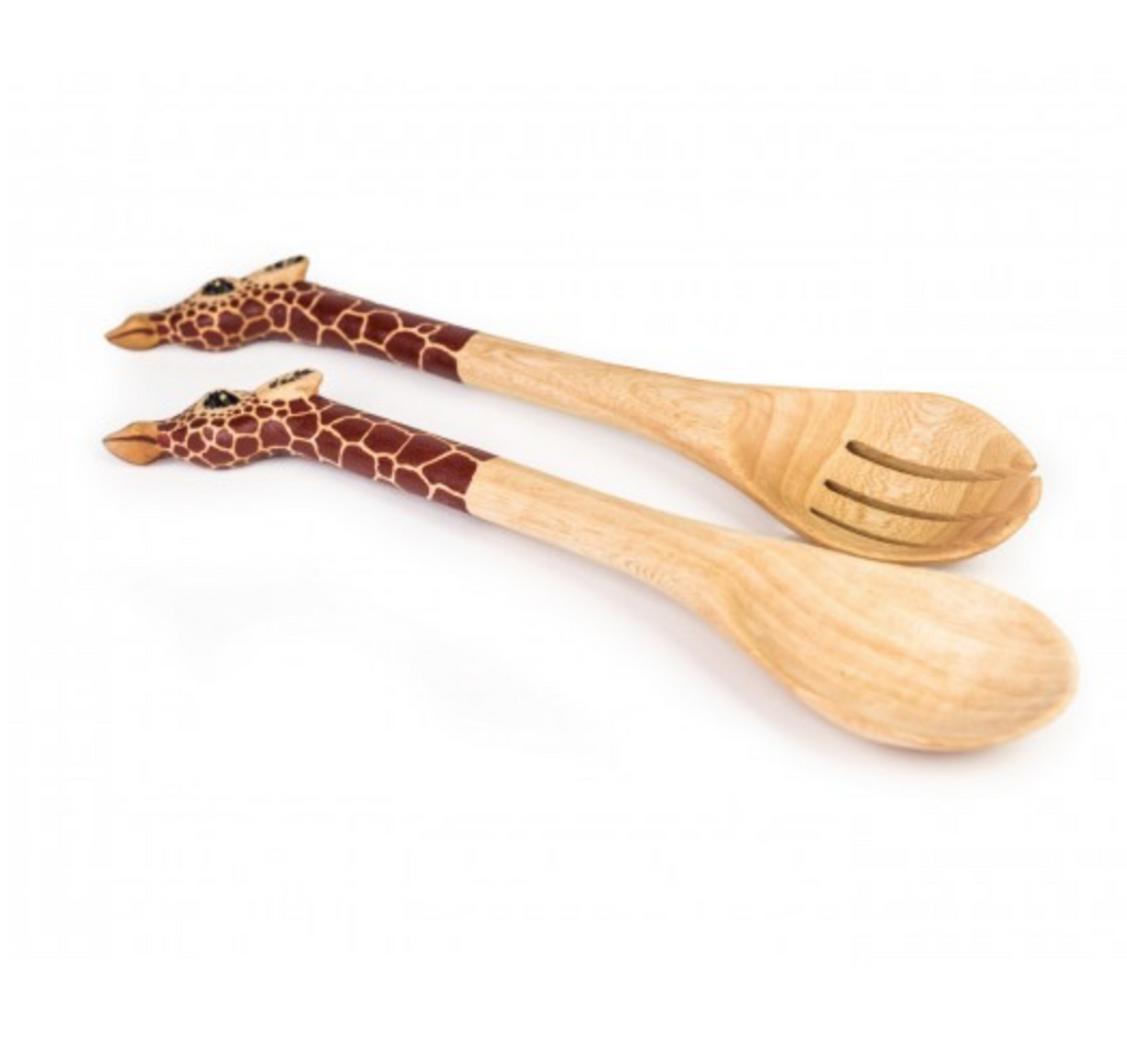 Hand Carved Wooden Giraffe Salad Servers- Fair Trade - 10% goes to help animal conservation in Africa! - Give Back Goods