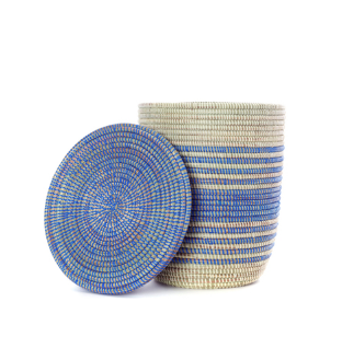 Set of Three Blue Striped Handwoven Cattail Bath Hamper Storage Baskets, Fair Trade - Give Back Goods