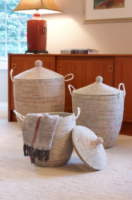 Set of Three Handwoven Cattail White Hamper Baskets Fair Trade - Give Back Goods