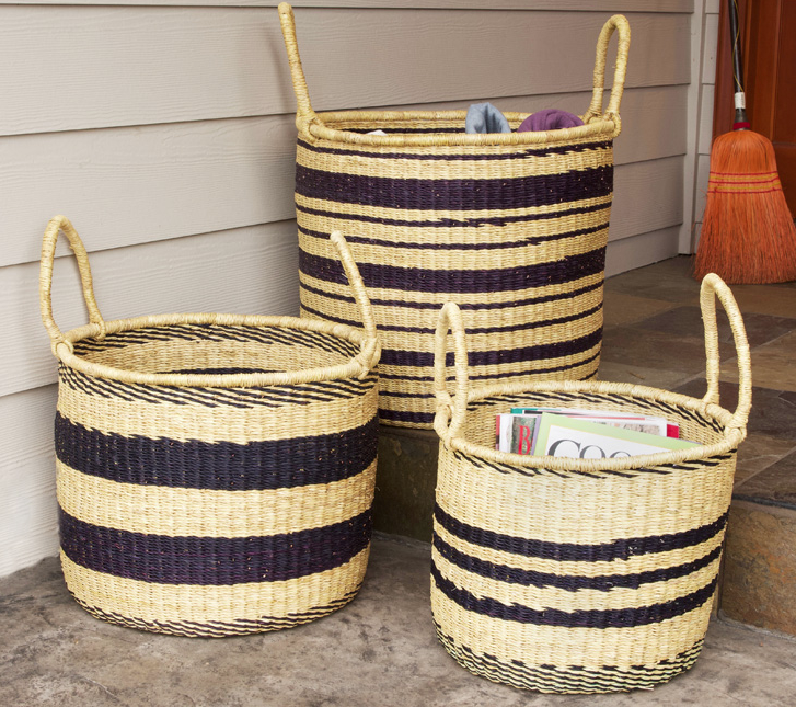3 Handwoven Striped Elephant Grass Nesting Baskets, Fair Trade, Eco-Friendly - Give Back Goods