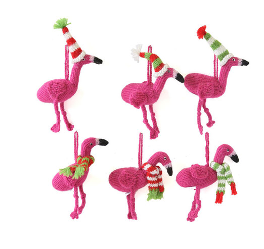Set of 6- Handknit Flamingo Ornaments- Fair Trade - Give Back Goods