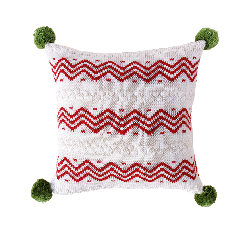 Hand Knit Red Zig Zag Christmas Pillow with Pom Poms, Fair Trade - Give Back Goods