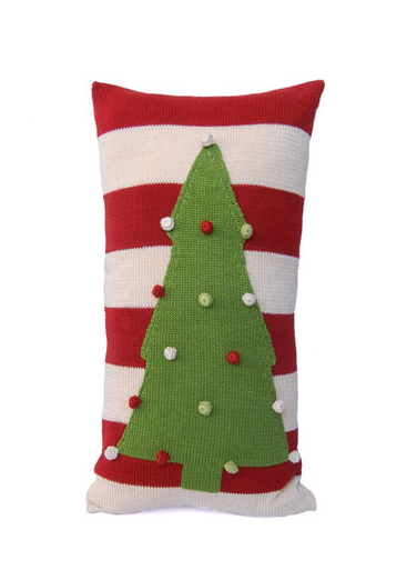 10x20" Hand Knit Holiday Christmas Tree Pillow, Red & White Stripes, Fair Trade - Give Back Goods
