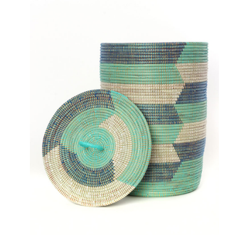 Set of Three Handwoven Cattail Blue & Green Hamper Baskets, Fair Trade - Give Back Goods