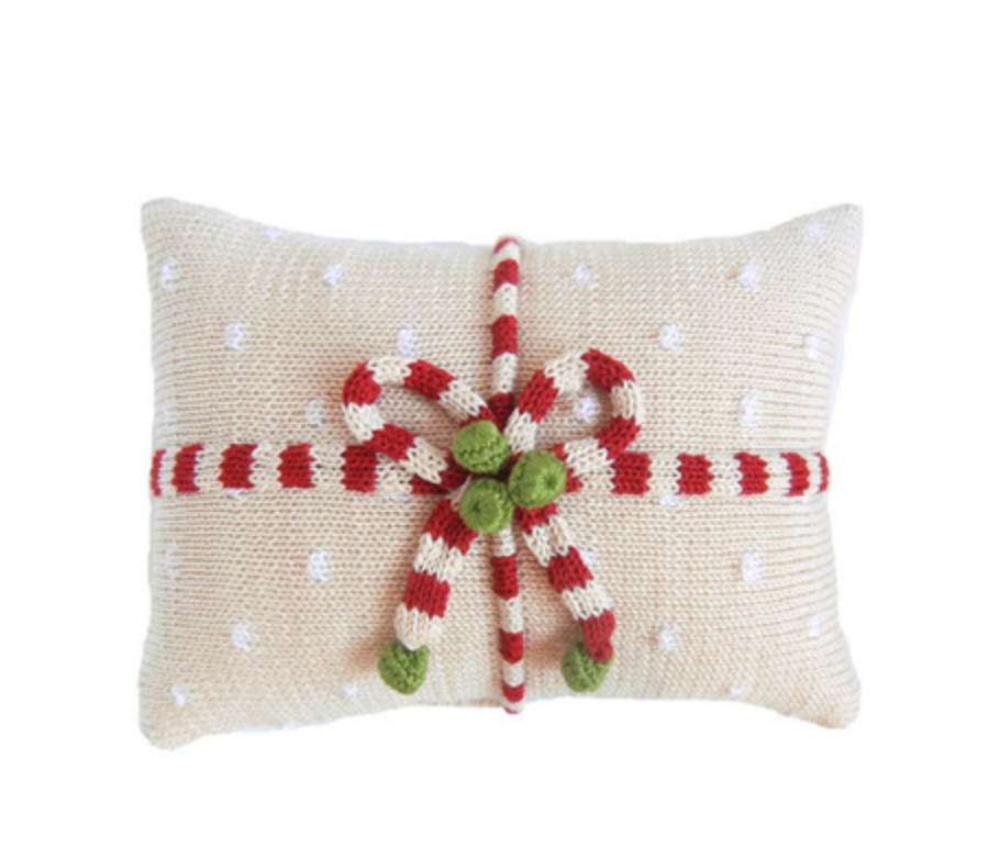 Hand Knit Mini Christmas Pillow, White Gift Candy Stripe & Dots, Fair Trade - Give Back Goods