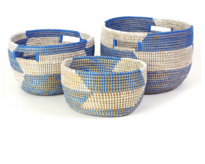 Set of Three Handwoven Blue & Natural Nesting Baskets, Fair Trade - Give Back Goods