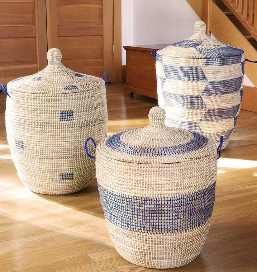 Set of Three Handwoven Cattail Blue & Cream Bath Hamper Baskets, Fair Trade - Give Back Goods
