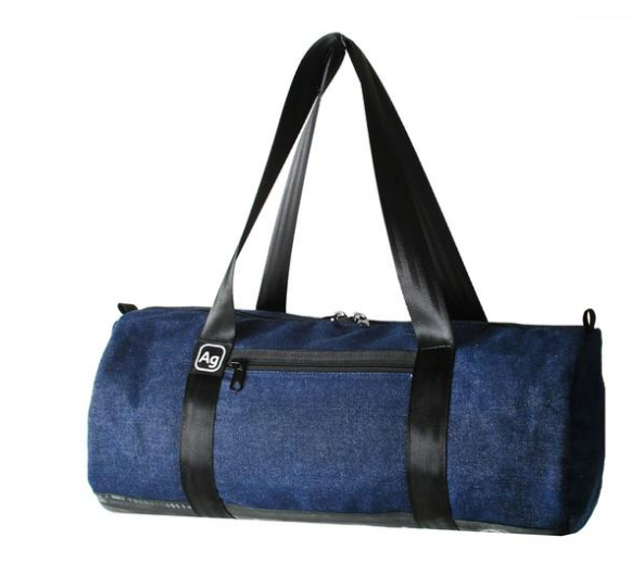 Repurposed denim duffle bag- Made in the USA from upcycled Denim & Bicycle inner tubes- Saves Landfill Space! - Give Back Goods