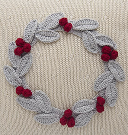 Hand Knit Christmas Pillow with Grey Wreath & Red Berries, Fair Trade - Give Back Goods